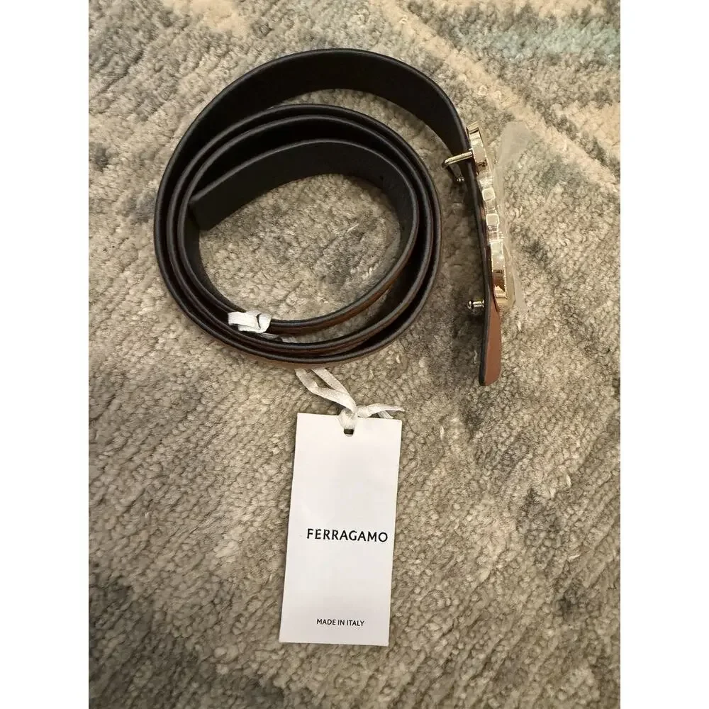 Ferragamo Reversible Gancini belt Cognac/black Gold Buckle Womens Sz 90 NWT $489